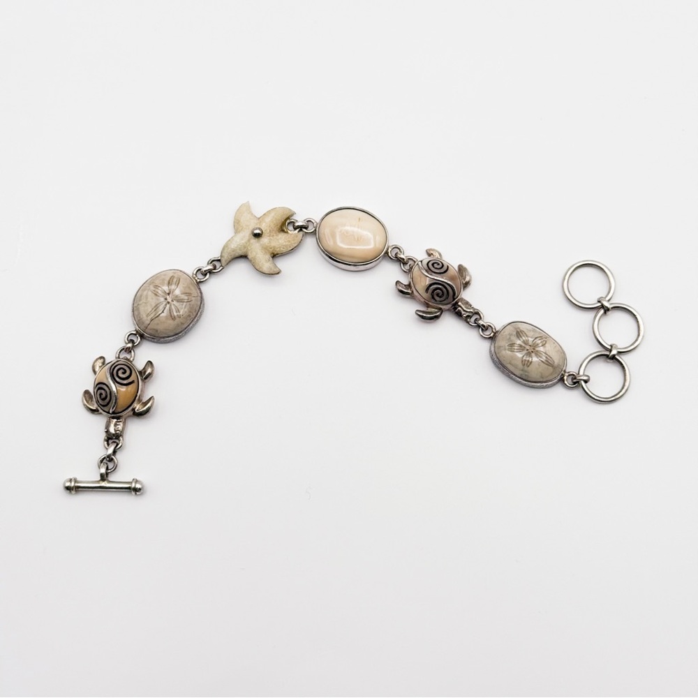 RARE! 🌊 Zealandia 🌊 Sterling Silver Fossil Sand Dollar and Ivory Turtle Bracelet - Picture 3 of 12